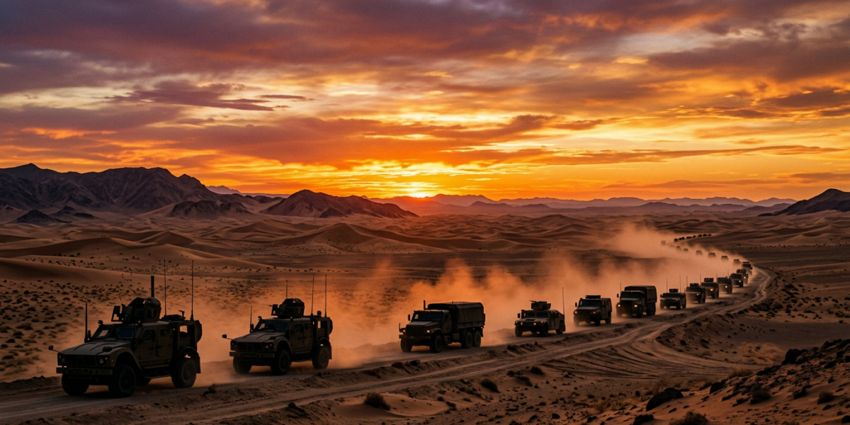 Vehículos militares en el desierto al atardecer