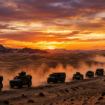 Vehículos militares en el desierto al atardecer