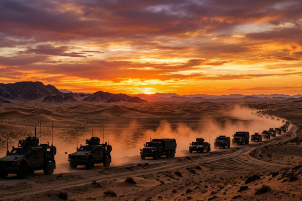 Vehículos militares en el desierto al atardecer