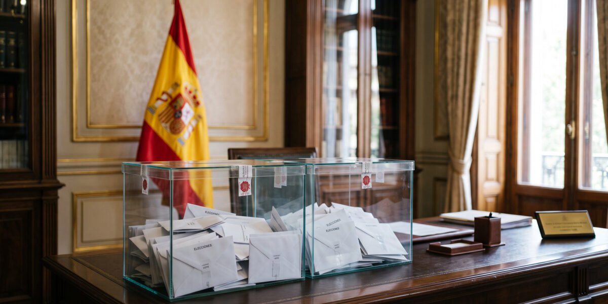 Urnas electorales y bandera de España en entorno gubernamental