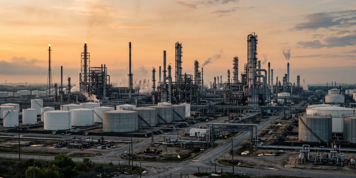 Refinería de petróleo bajo el amanecer