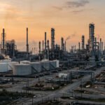 Refinería de petróleo bajo el amanecer