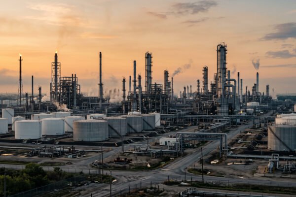 Refinería de petróleo bajo el amanecer