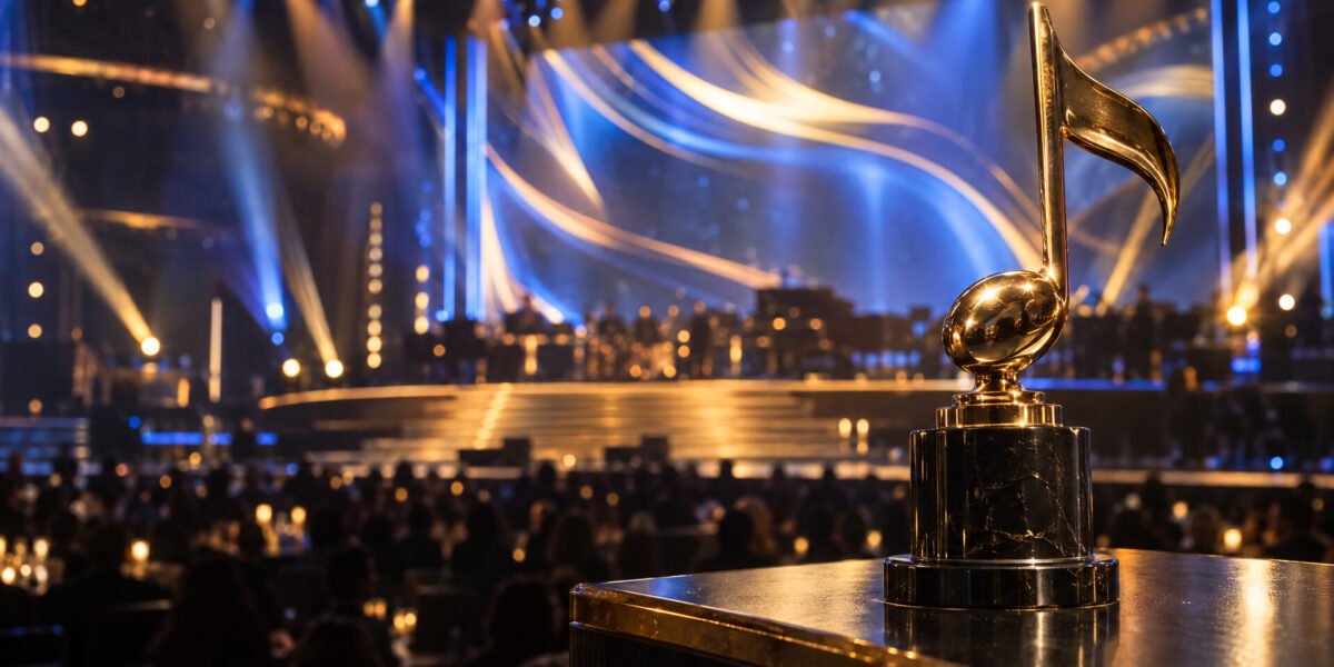 Escenario de gala de premios de musica latina con trofeo dorado en forma de nota musical