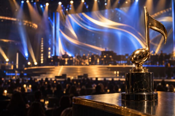 Escenario de gala de premios de musica latina con trofeo dorado en forma de nota musical