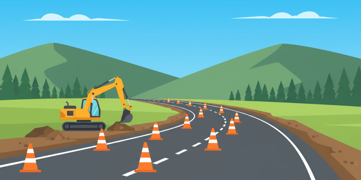 Ilustración de una carretera de montaña en ampliación con conos y una excavadora
