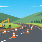 Obras Públicas cierra 67 acuerdos con propietarios para ampliar la vía La Vega-Jarabacoa Ilustración de una carretera de montaña en ampliación con conos y una excavadora
