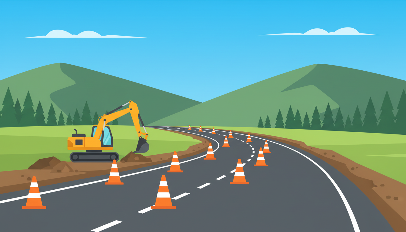 Ilustración de una carretera de montaña en ampliación con conos y una excavadora
