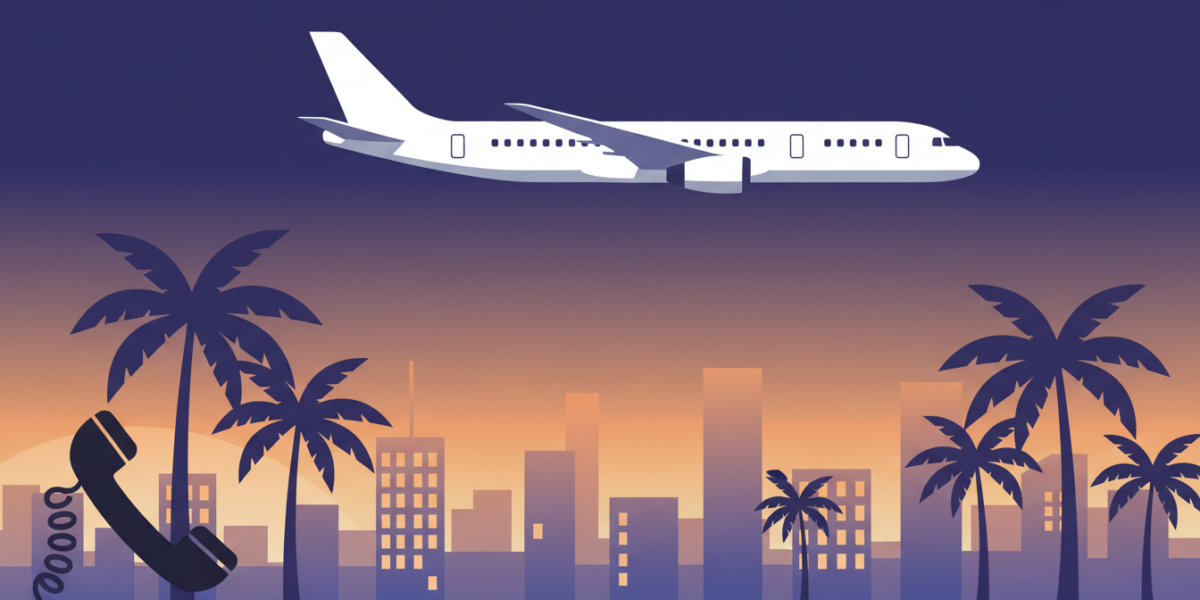 Ilustración de un avión genérico sobre una ciudad tropical y un auricular telefónico