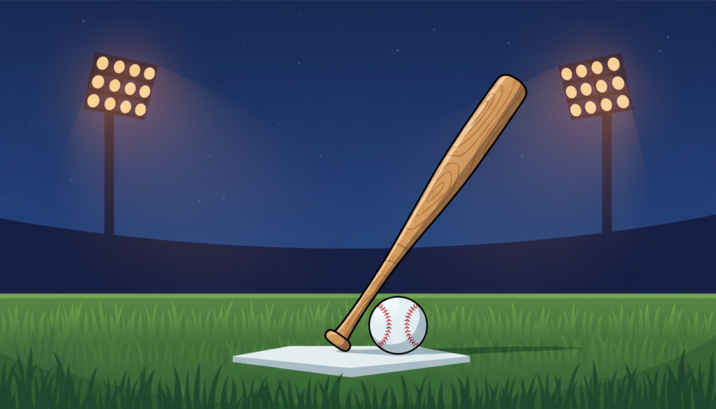 Ilustración de un bate y una pelota de béisbol sobre el césped de un estadio iluminado