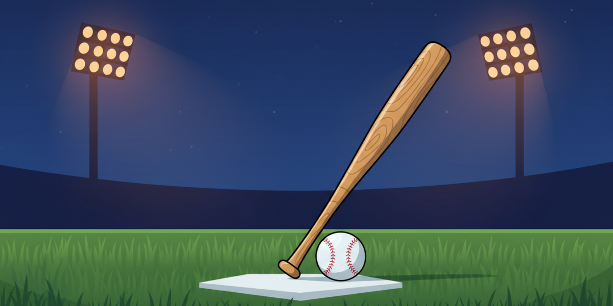 Ilustración de un bate y una pelota de béisbol sobre el césped de un estadio iluminado