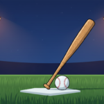 Ilustración de un bate y una pelota de béisbol sobre el césped de un estadio iluminado