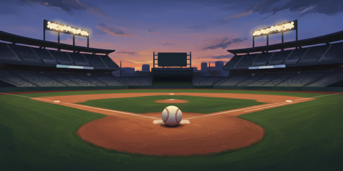 Ilustración de una pelota de béisbol sobre el montículo de un estadio iluminado al atardecer
