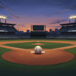 Ilustración de una pelota de béisbol sobre el montículo de un estadio iluminado al atardecer
