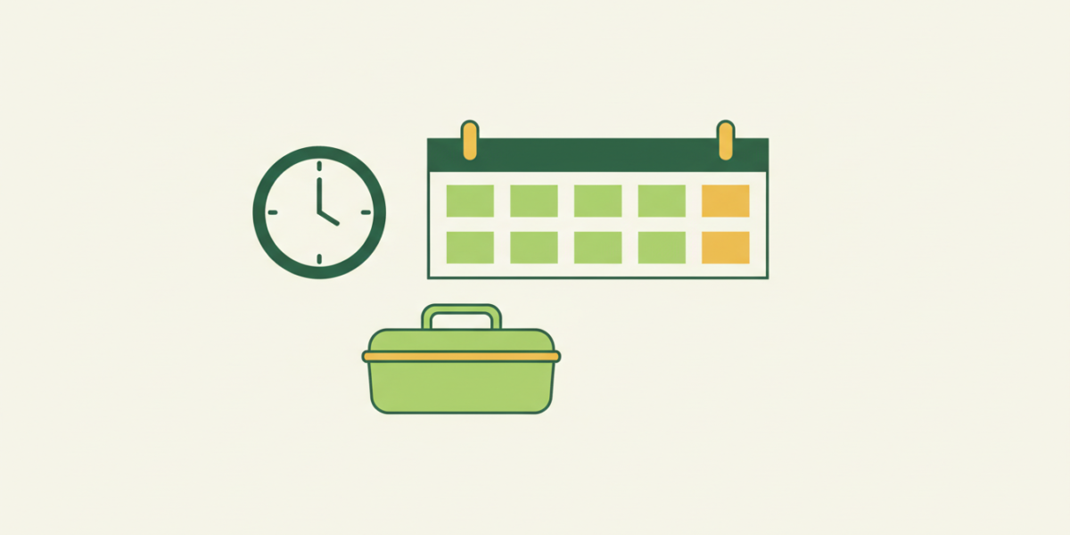 Ilustración de un calendario semanal con dos días de descanso resaltados junto a un reloj