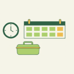Ilustración de un calendario semanal con dos días de descanso resaltados junto a un reloj