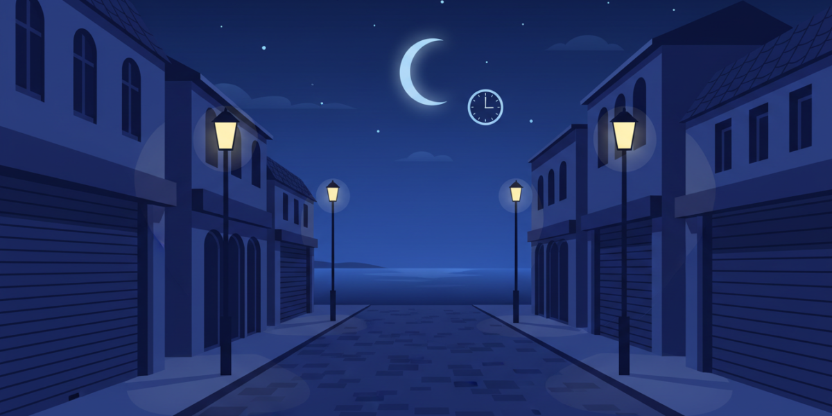 Ilustración de una calle vacía de noche iluminada por farolas