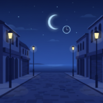 Ilustración de una calle vacía de noche iluminada por farolas