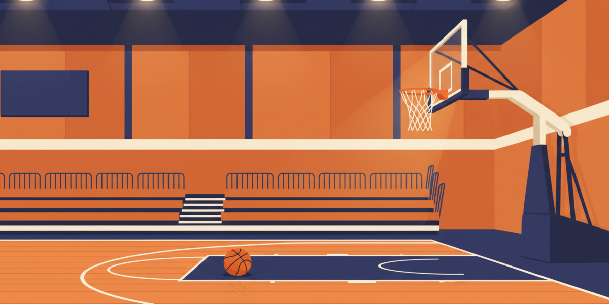 Ilustración de una cancha de baloncesto vacía con un balón junto a la línea de tiro libre