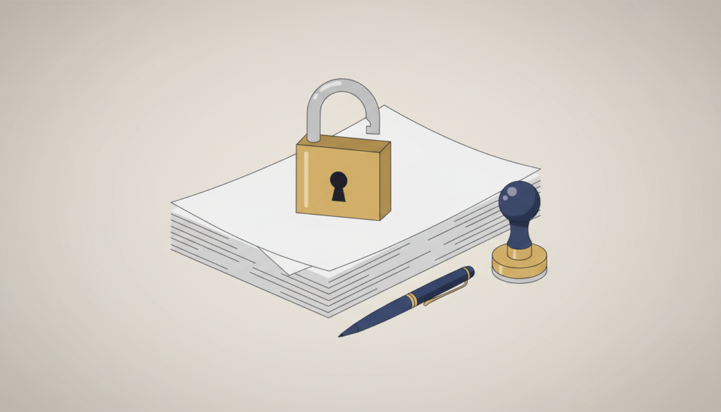 Ilustración de un candado abierto sobre documentos, junto a una pluma