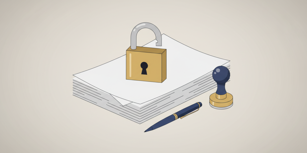 Ilustración de un candado abierto sobre documentos, junto a una pluma