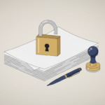 Ilustración de un candado abierto sobre documentos, junto a una pluma