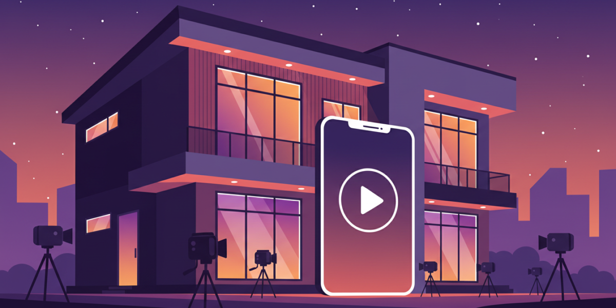 Ilustración de una casa iluminada rodeada de cámaras de televisión