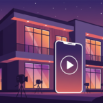 Ilustración de una casa iluminada rodeada de cámaras de televisión