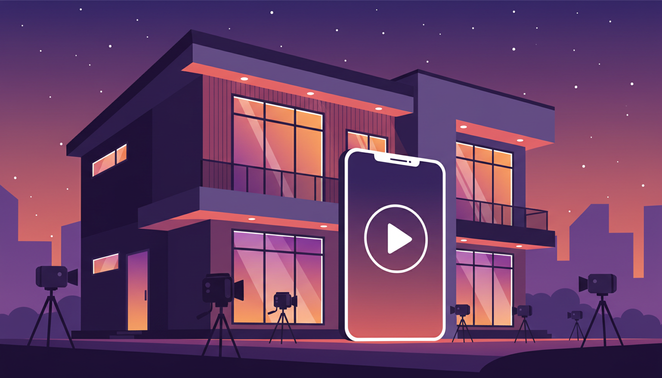 Ilustración de una casa iluminada rodeada de cámaras de televisión