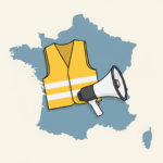 Ilustración de un chaleco amarillo y un megáfono sobre un mapa estilizado de Francia