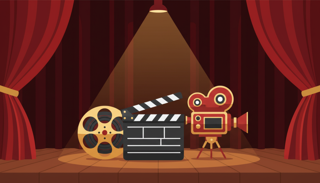 Ilustración de una claqueta, un rollo de película y una cámara de cine bajo un foco