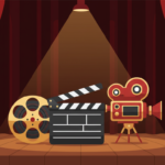 Ilustración de una claqueta, un rollo de película y una cámara de cine bajo un foco