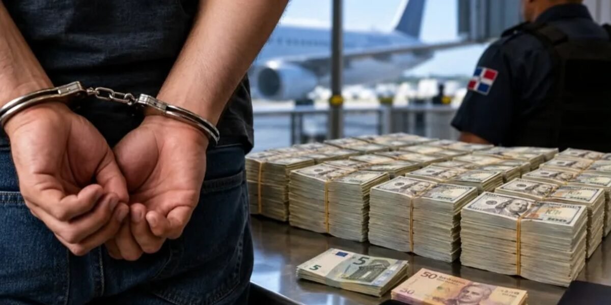 Imagen generada con IA de un hombre esposado de espaldas junto a fajos de billetes sobre una mesa de inspección en un aeropuerto