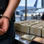 Imagen generada con IA de un hombre esposado de espaldas junto a fajos de billetes sobre una mesa de inspección en un aeropuerto