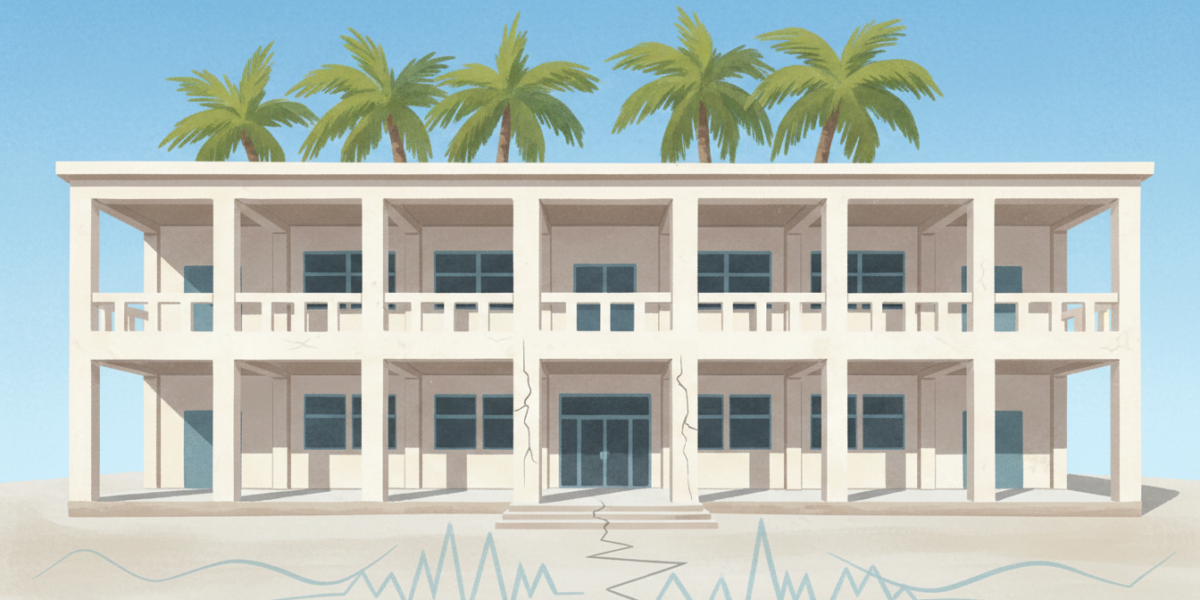 Ilustración de la fachada de una escuela caribeña de dos plantas con grietas estilizadas en una columna