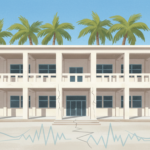 Ilustración de la fachada de una escuela caribeña de dos plantas con grietas estilizadas en una columna