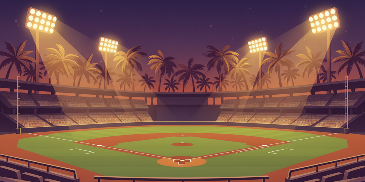 Ilustración de un estadio de béisbol vacío e iluminado de noche, con palmeras al fondo