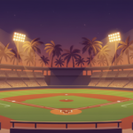Ilustración de un estadio de béisbol vacío e iluminado de noche, con palmeras al fondo