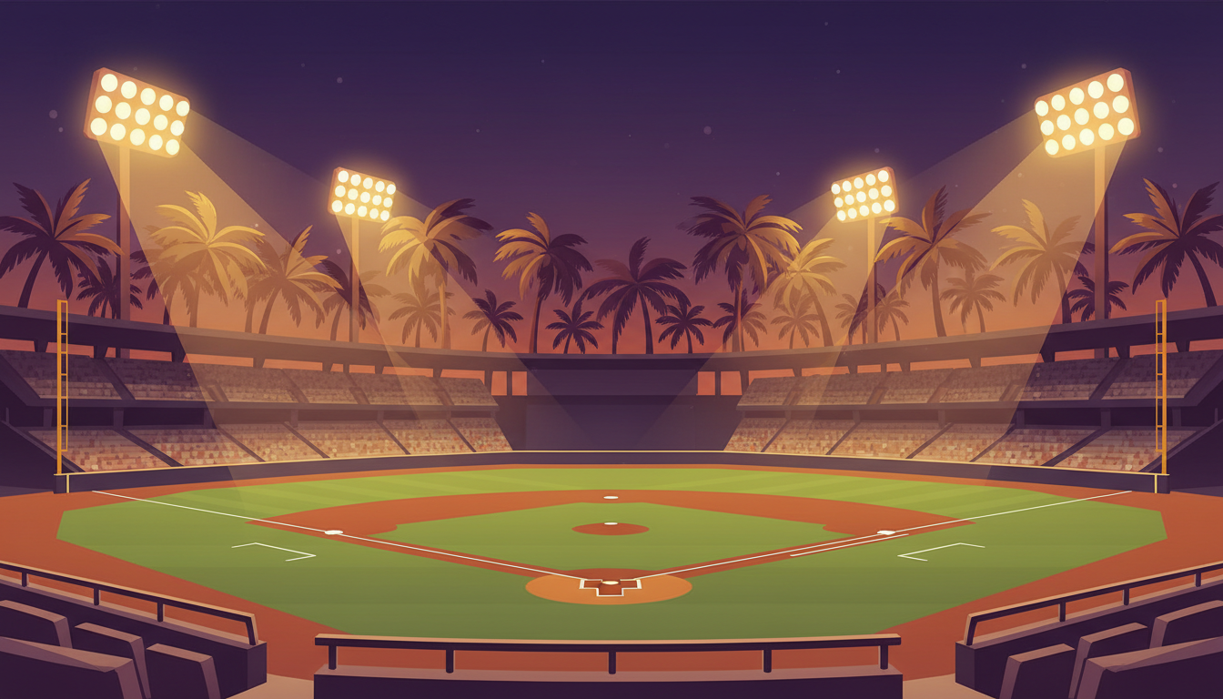 Ilustración de un estadio de béisbol iluminado de noche