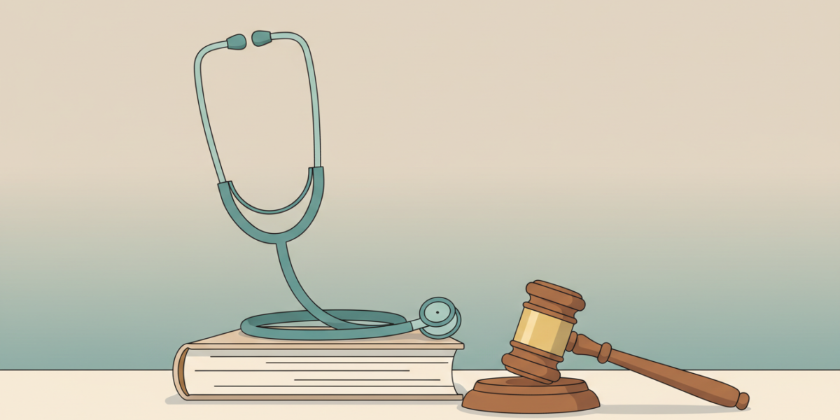Ilustración de un estetoscopio sobre un libro de leyes junto a un mazo de juez