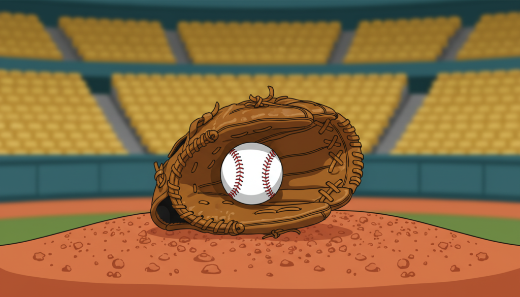 Ilustración de un guante de béisbol con una pelota sobre el montículo