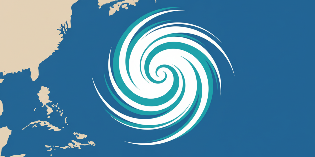 Ilustración de la espiral de un huracán frente a una costa del Pacífico