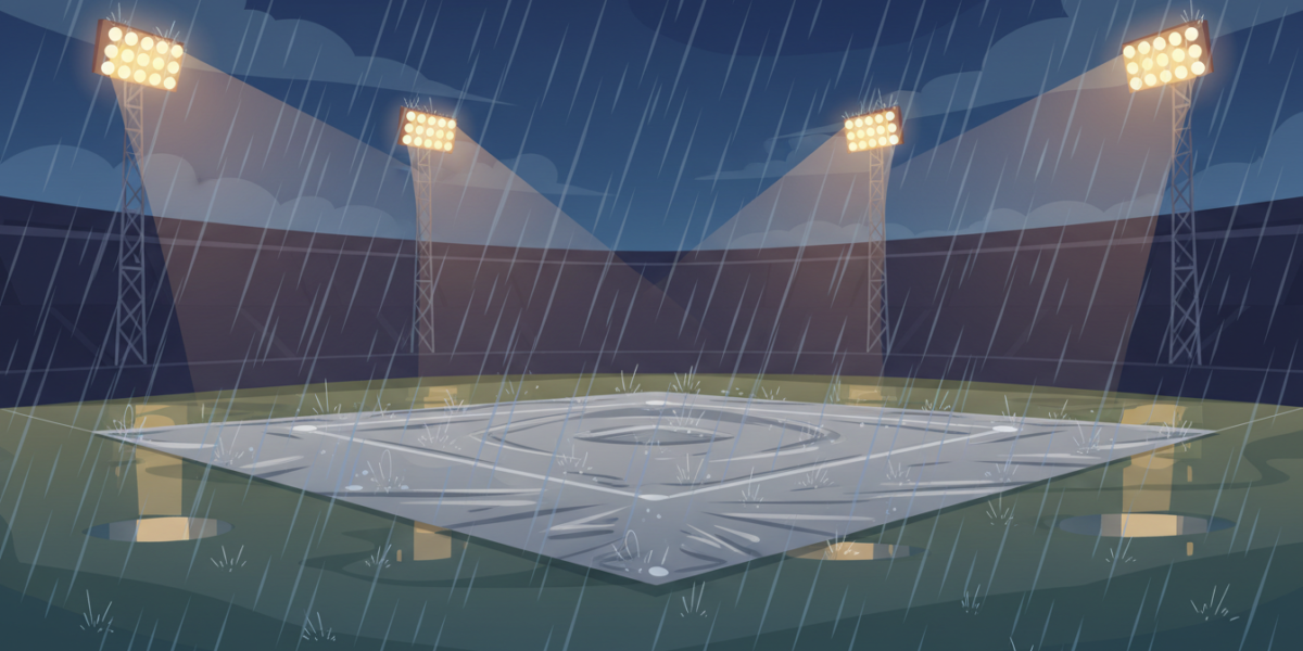 Ilustración de un campo de béisbol cubierto con una lona bajo la lluvia