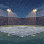 Ilustración de un campo de béisbol cubierto con una lona bajo la lluvia