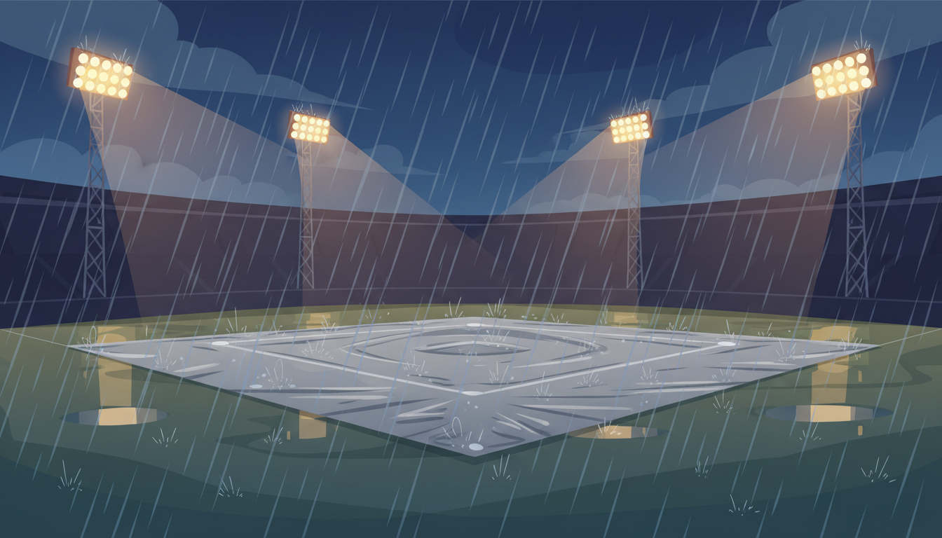 Ilustración de un campo de béisbol cubierto con una lona bajo la lluvia