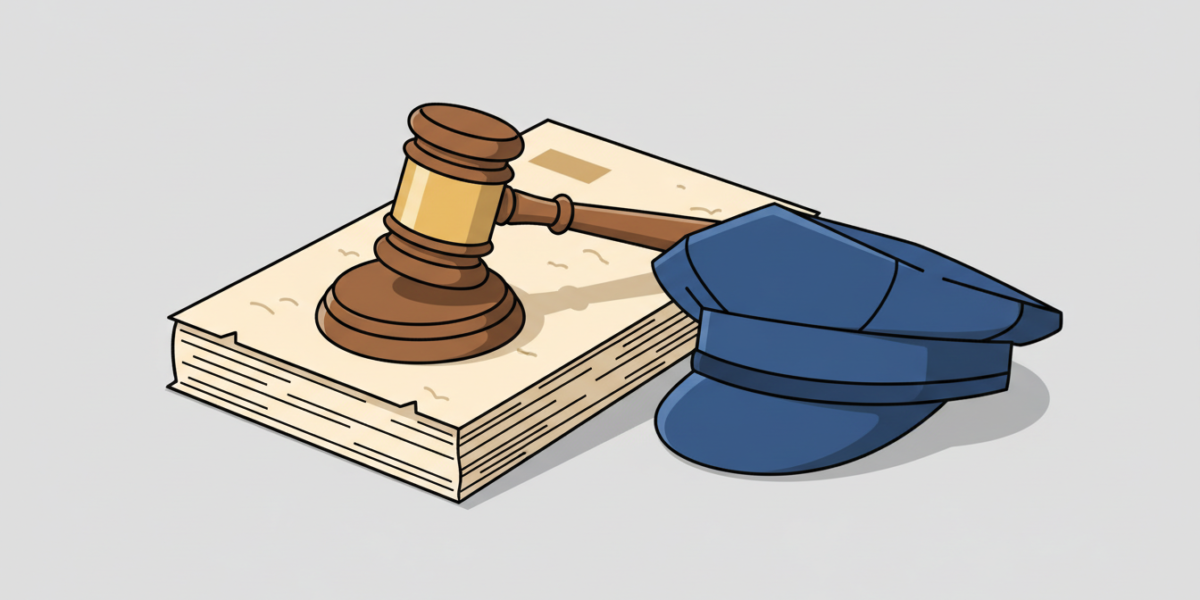 Ilustración de un mazo sobre un proyecto de ley junto a una gorra policial genérica