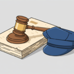 Ilustración de un mazo sobre un proyecto de ley junto a una gorra policial genérica