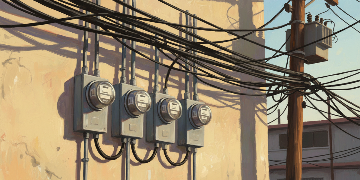 Ilustración de una hilera de medidores eléctricos en la pared de un residencial, con cables y un poste al fondo