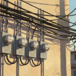 Detienen a dos técnicos por presunta extorsión a clientes de Edesur Ilustración de una hilera de medidores eléctricos en la pared de un residencial, con cables y un poste al fondo