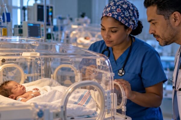 Ilustración generada con IA de una enfermera y un médico junto a una incubadora en una unidad de neonatología